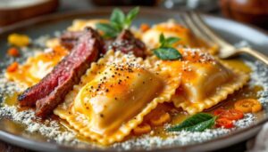 Rezept: Ravioli mit Paprika-Ricotta-Füllung und zarten Steakstreifen